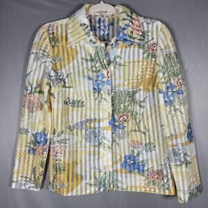 Vintage R&K Knits Yellow Shirt Medium Floral Blouse Shadow Stripe Sheer Knit